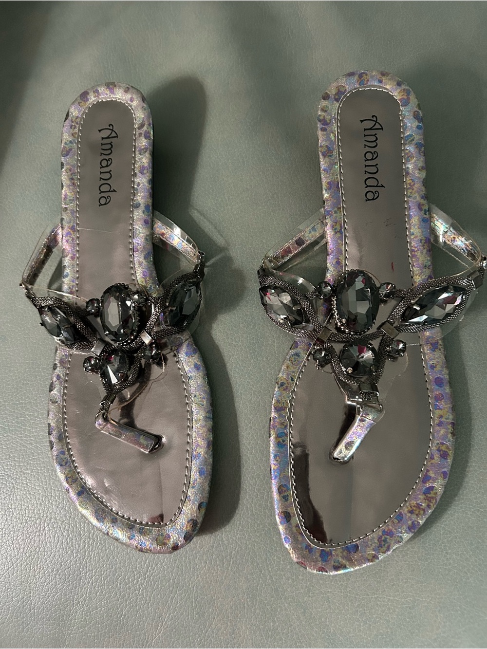 Amanda Iridescent Jeweled Thong Sandals - Silver Gray